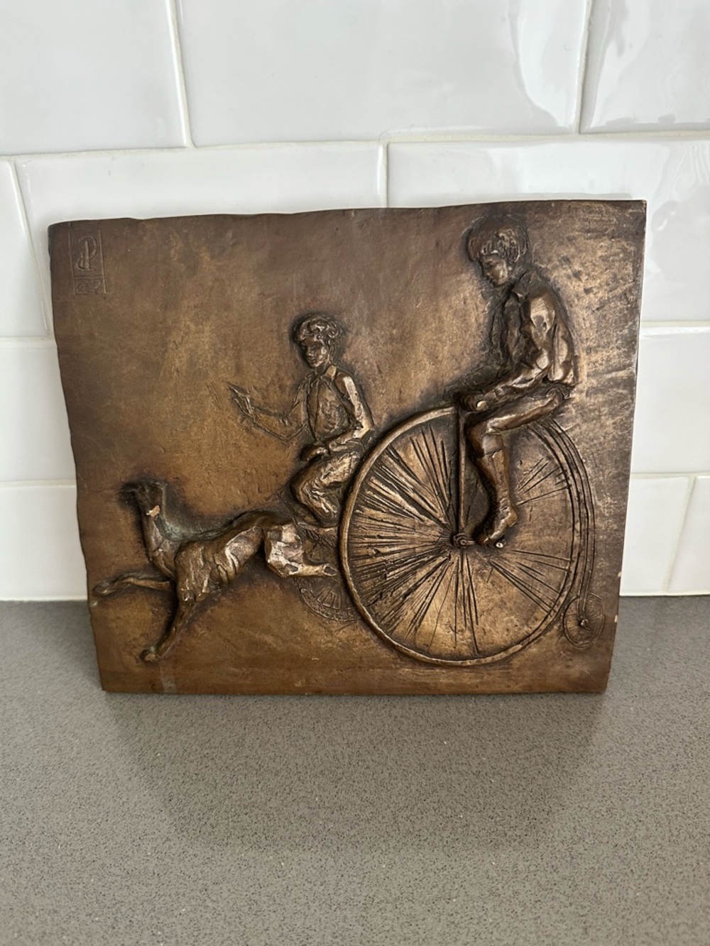 "Boys Riding Penny Farthings" Bas-Relief Plaque